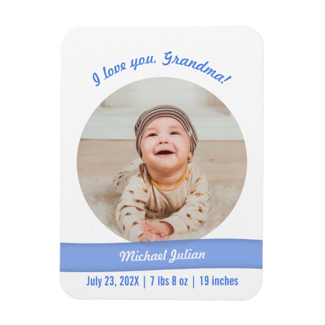 Modern Baby Boy Photo Birth Announcement Grandma Magnet (Vertical)