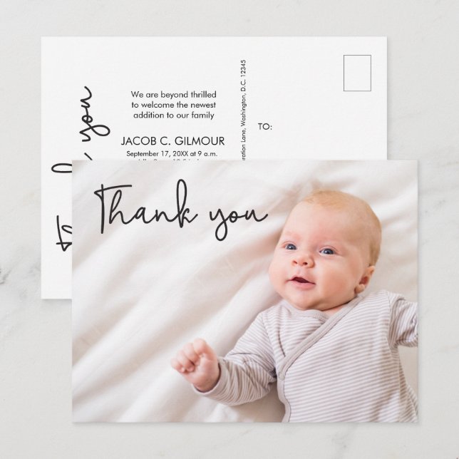 Modern Baby Boy Photo Birth Thank you Custom Announcement Postcard (Front/Back)