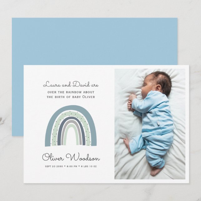 Modern Baby Boy Photo Blue Birth Announcement  (Front/Back)