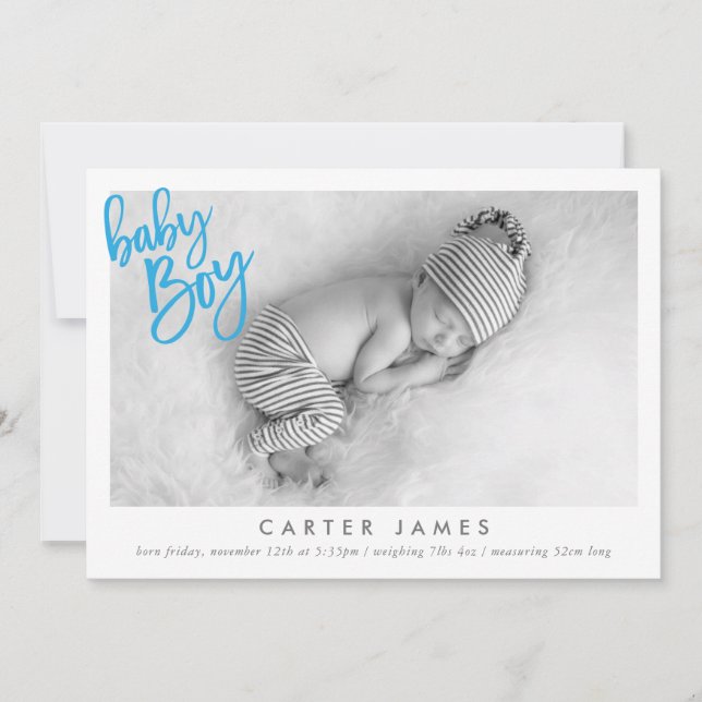 MODERN BABY BOY PHOTO calligraphy overlay blue Announcement (Front)