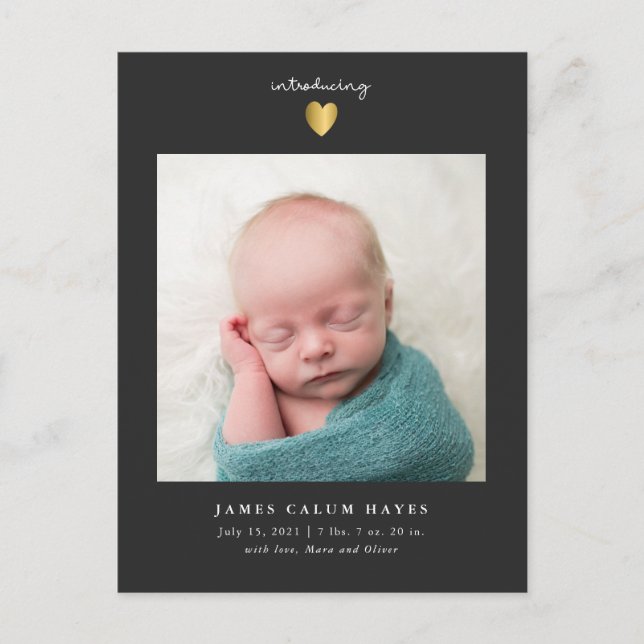 Modern Baby Boy Photo Gold Heart Birth Announcement Postcard (Front)