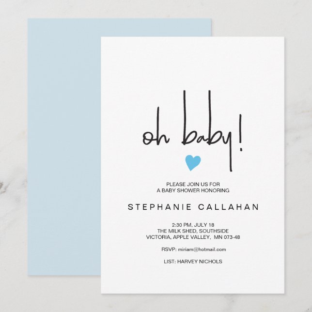 Modern Baby Boy Shower Invitation Blue Heart Motif (Front/Back)