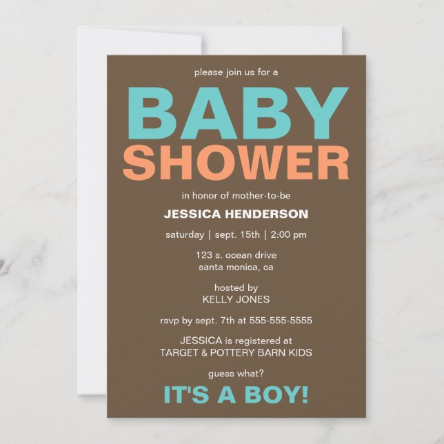 Modern Baby Boy Shower Invitation - Brown/Teal (Front)