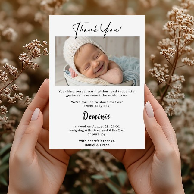 Modern Baby Boy Thank You Card with Photo (Creator Uploaded)