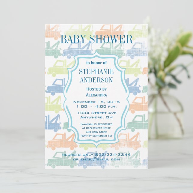 Modern Baby Boy Tow Truck Shower Invitation (Standing Front)