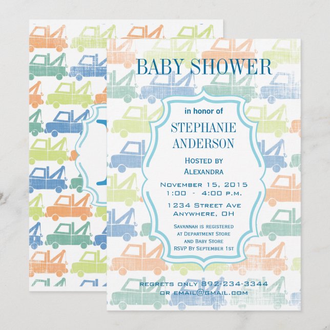 Modern Baby Boy Tow Truck Shower Invitation (Front/Back)