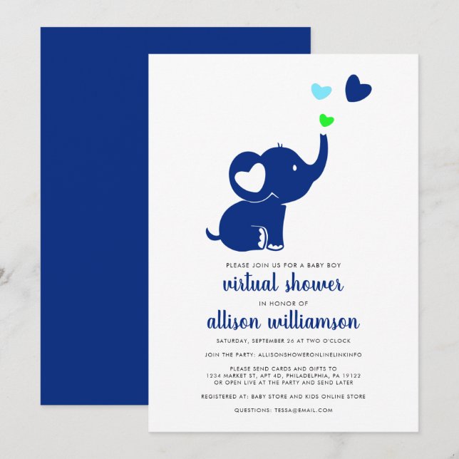 Modern Baby Boy Virtual Shower Blue Elephant Invitation (Front/Back)