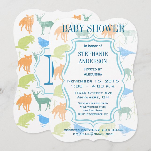 Modern Baby Boy Woodland Creatures Shower Invitation (Front/Back)