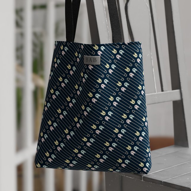 Modern Baby Diaper Pin Pattern Midwife Tote Bag (Just add your initials to this cute diaper pin pattern tote bag. Perfect tote for midwives!)