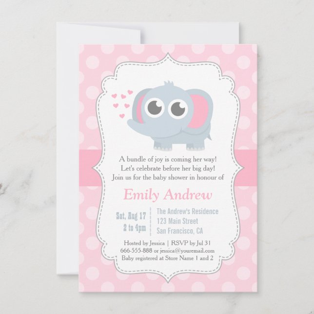 Modern Baby Elephant Polka Dots Baby Shower Invitation (Front)