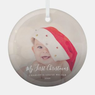Modern Baby First Christmas 1 Photo Personalised Glass Tree Decoration