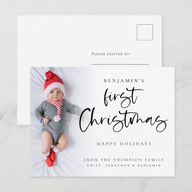 Modern Baby First Christmas Custom Photo Holiday Postcard (Front/Back)