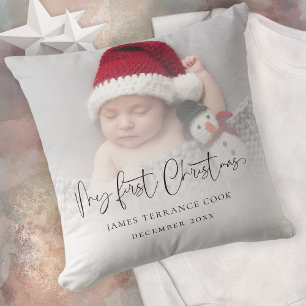 Modern Baby First Christmas Photo Overlay  Cushion
