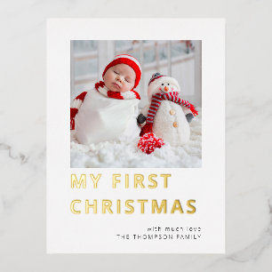 Modern Baby First Christmas Photo Real Foil Holiday Postcard