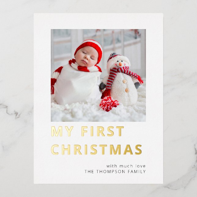 Modern Baby First Christmas Photo Real Foil Holiday Postcard (Front)