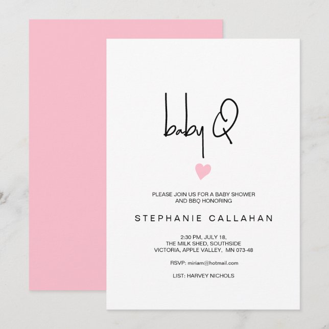 Modern Baby Girl BBQ Shower Tiny Pink Heart  Invitation (Front/Back)