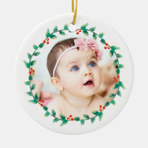 Modern Baby Girl First Christmas Photo Holly Berry Ceramic Tree Decoration