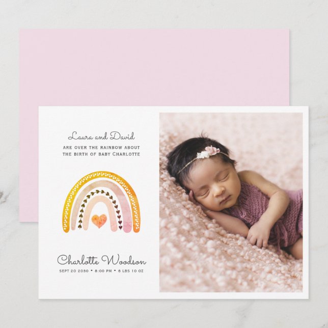 Modern Baby Girl Photo Birth Announcement | Pink (Front/Back)