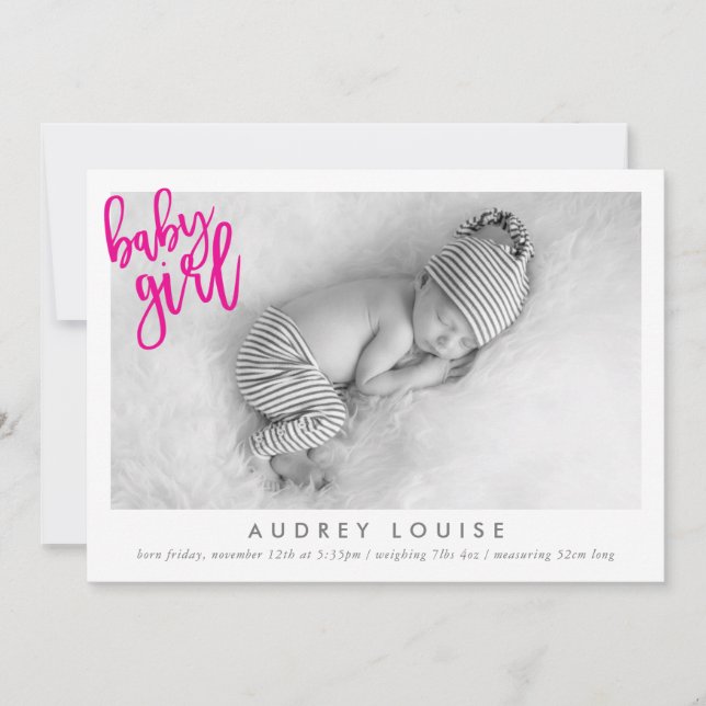 MODERN BABY GIRL PHOTO calligraphy overlay PINK Announcement (Front)