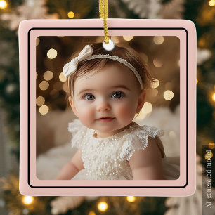 Modern Baby Girl Photo Christmas Pink Script Name Ceramic Ornament