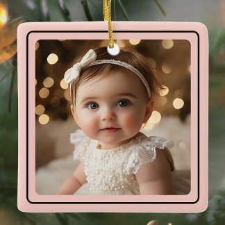 Modern Baby Girl Photo Christmas Pink Script Name Ceramic Ornament