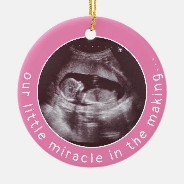 Modern Baby Girl Pink Ultrasound 2 Photo Miracle Ceramic Tree Decoration (Front)