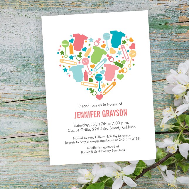 Modern Baby Heart Pink Aqua Yellow Baby Shower Invitation (Creator Uploaded)