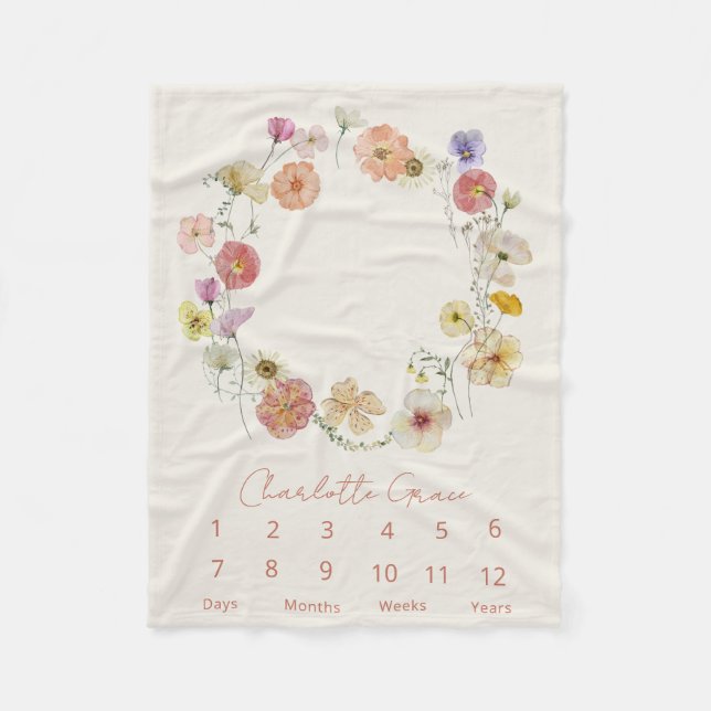 Modern Baby Milestone Watercolor Floral Wreath Fleece Blanket (Front)