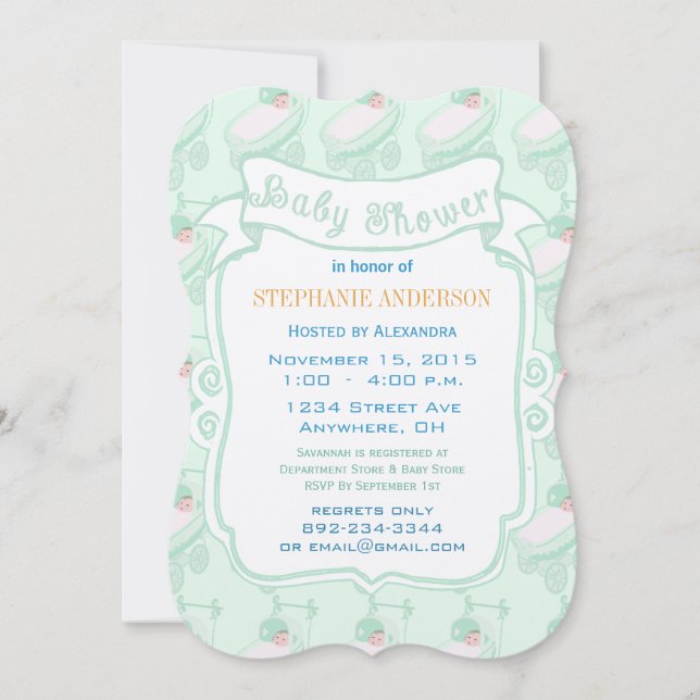 Modern Baby Mint Gender Neutral Baby Buggy Shower Invitation (Front)