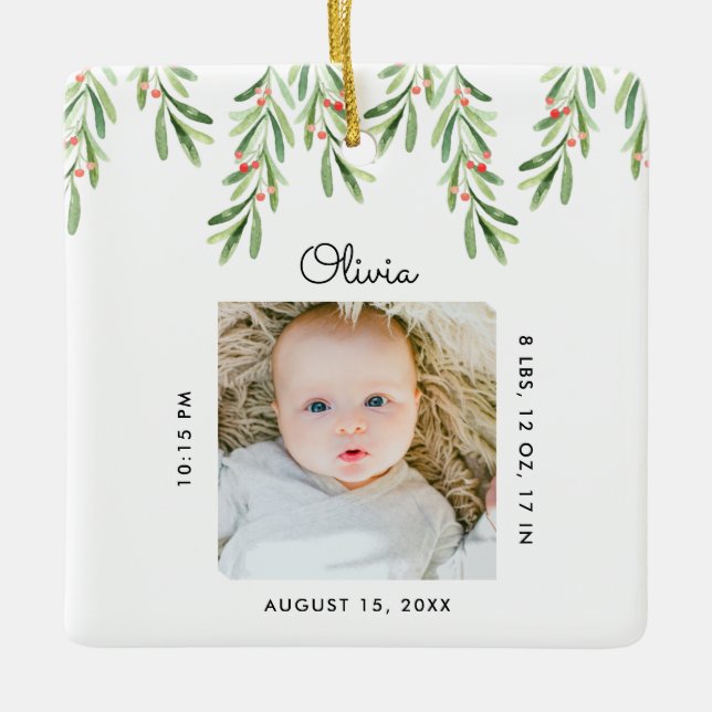 Modern Baby Name & Birth Stats Photo Keepsake Ceramic Ornament (Front)