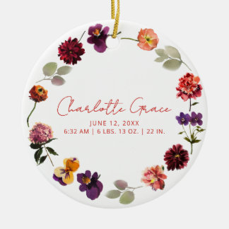 Modern Baby Photo Birth Stats Boho Rustic Floral Ceramic Tree Decoration