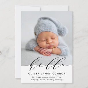 MODERN BABY PHOTO elegant hello calligraphy tall Announcement