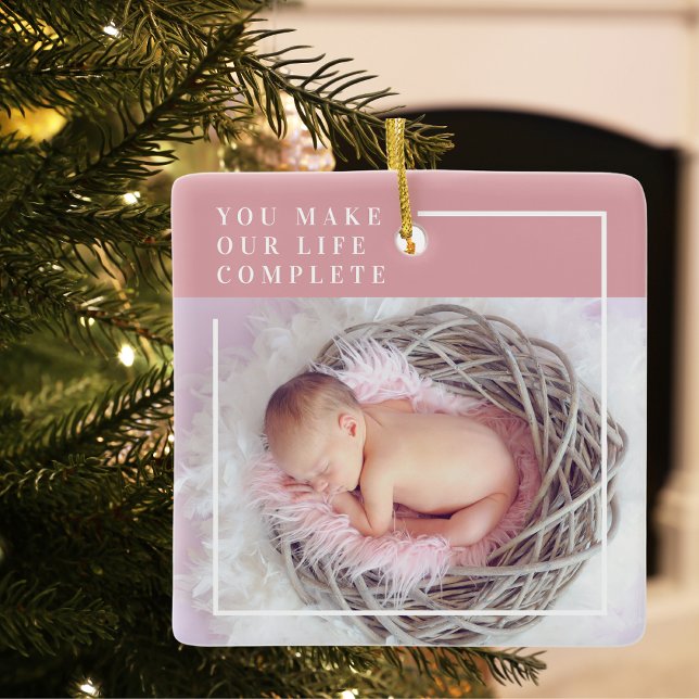 Modern Baby Photo | Pink & White | Quote  Ceramic Ornament (Creator Uploaded)