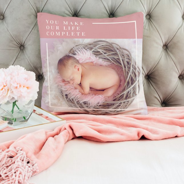 Modern Baby Photo | Pink & White | Quote  Cushion (Creator Uploaded)