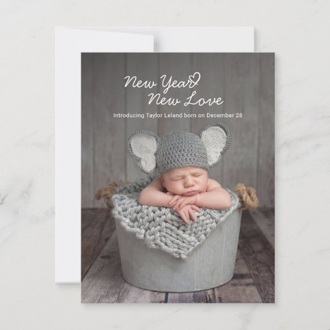 Modern Baby Photo Script Heart Birth Announcement (Front)