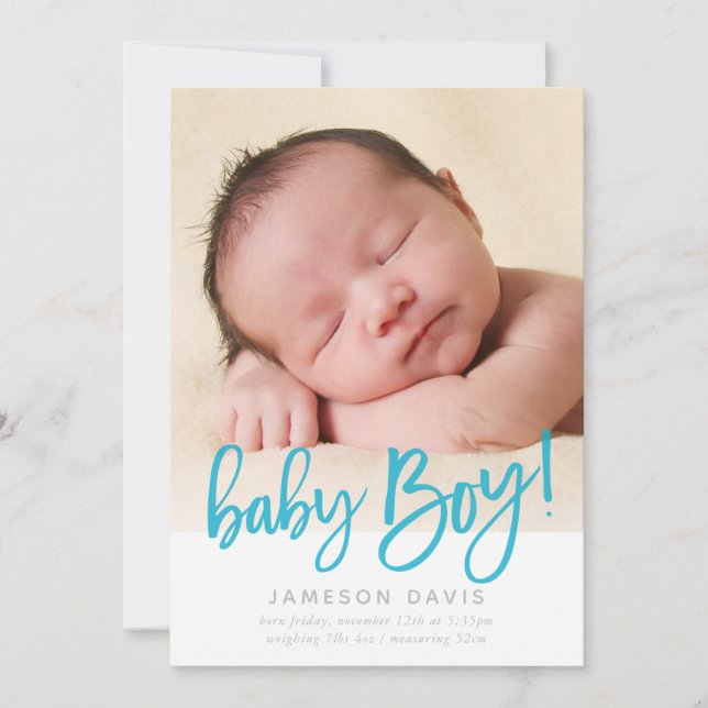 MODERN BABY PHOTO simple boy blue script writing Announcement (Front)