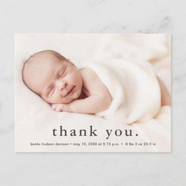 Modern Baby Photo Thank You Birth  Announcement Postcard (Front)