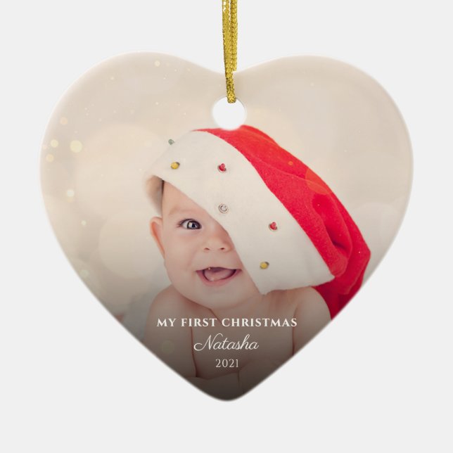 Modern Baby Photos First Christmas Personalised Ceramic Tree Decoration (Front)