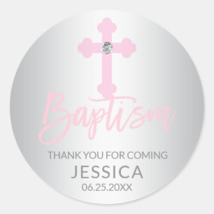 Modern Baby Pink Cross Baptism Girl Thank You Classic Round Sticker