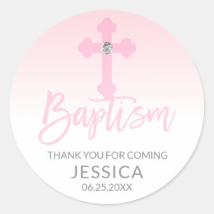Modern Baby Pink Cross Baptism Girl Thank You Classic Round Sticker