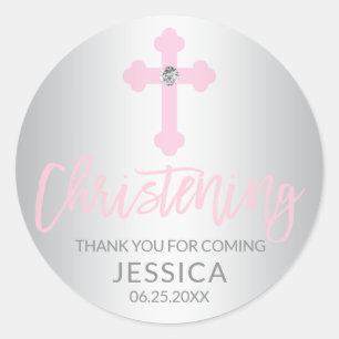 Modern Baby Pink Cross Christening Girl Thank You Classic Round Sticker