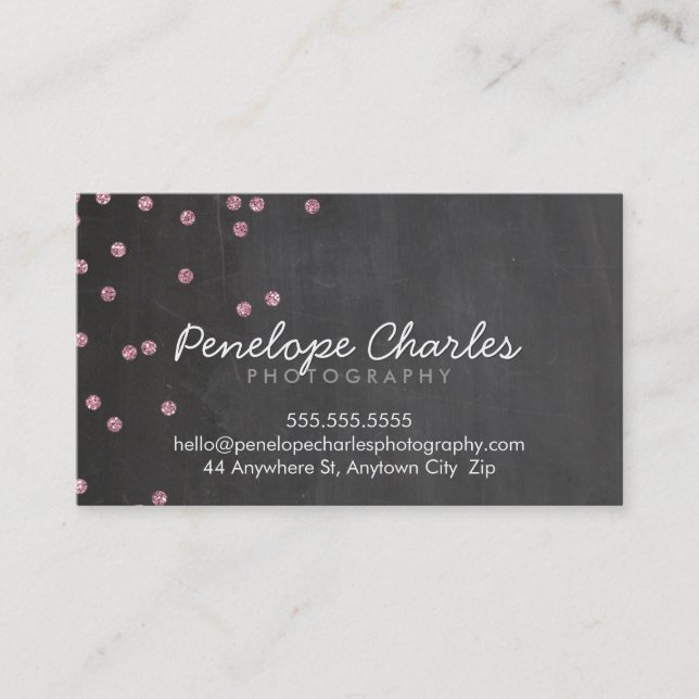 MODERN baby pink glitter confetti dots chalkboard Business Card (Front)