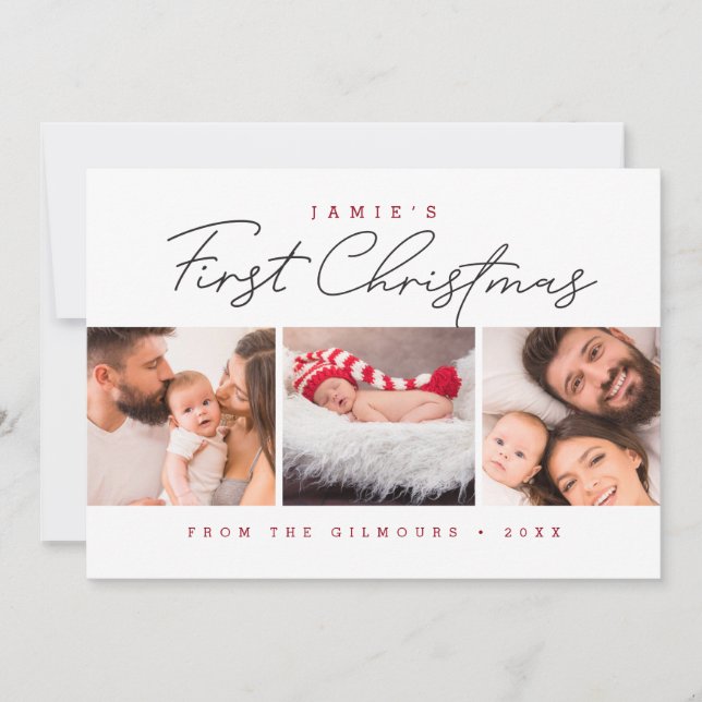 Modern Baby’s First Christmas 3 Photos Red white Holiday Card (Front)