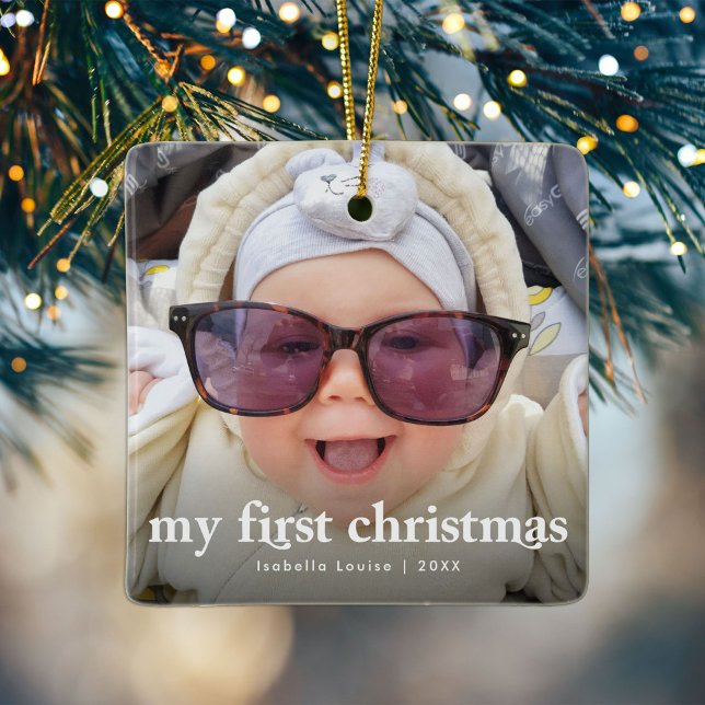 Modern Baby’s First Christmas Photo Ceramic Ornament (Creator Uploaded)