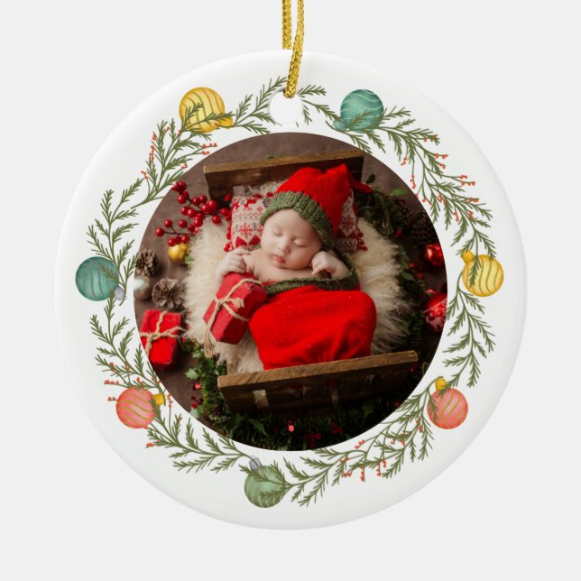 Modern Baby’s First Christmas Photo Holiday Ceramic Tree Decoration (Front)