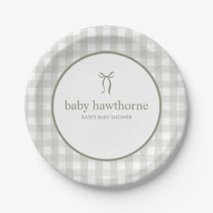 Modern Baby Shower Bow Sage Green Gingham Paper Plate