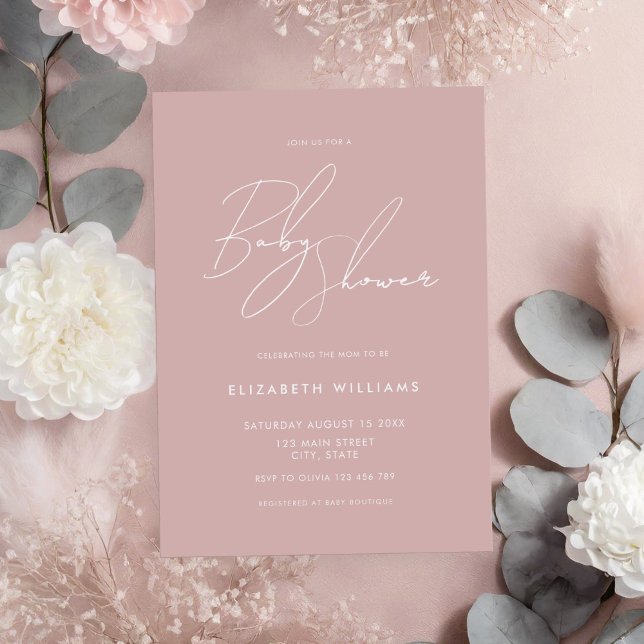 Modern Baby Shower Dusty Rose Minimalist Script  Invitation (Creator Uploaded)