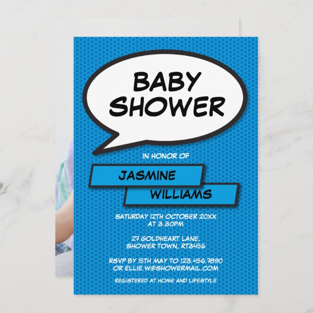 Modern Baby Shower Fun Photo Baby Blue Invitation (Front/Back)