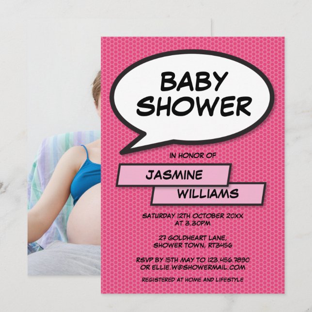 Modern Baby Shower Fun Photo Baby Girl Pink Invitation (Front/Back)
