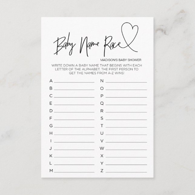 Modern Baby Shower Heart Card Baby Name Race Game (Front)
